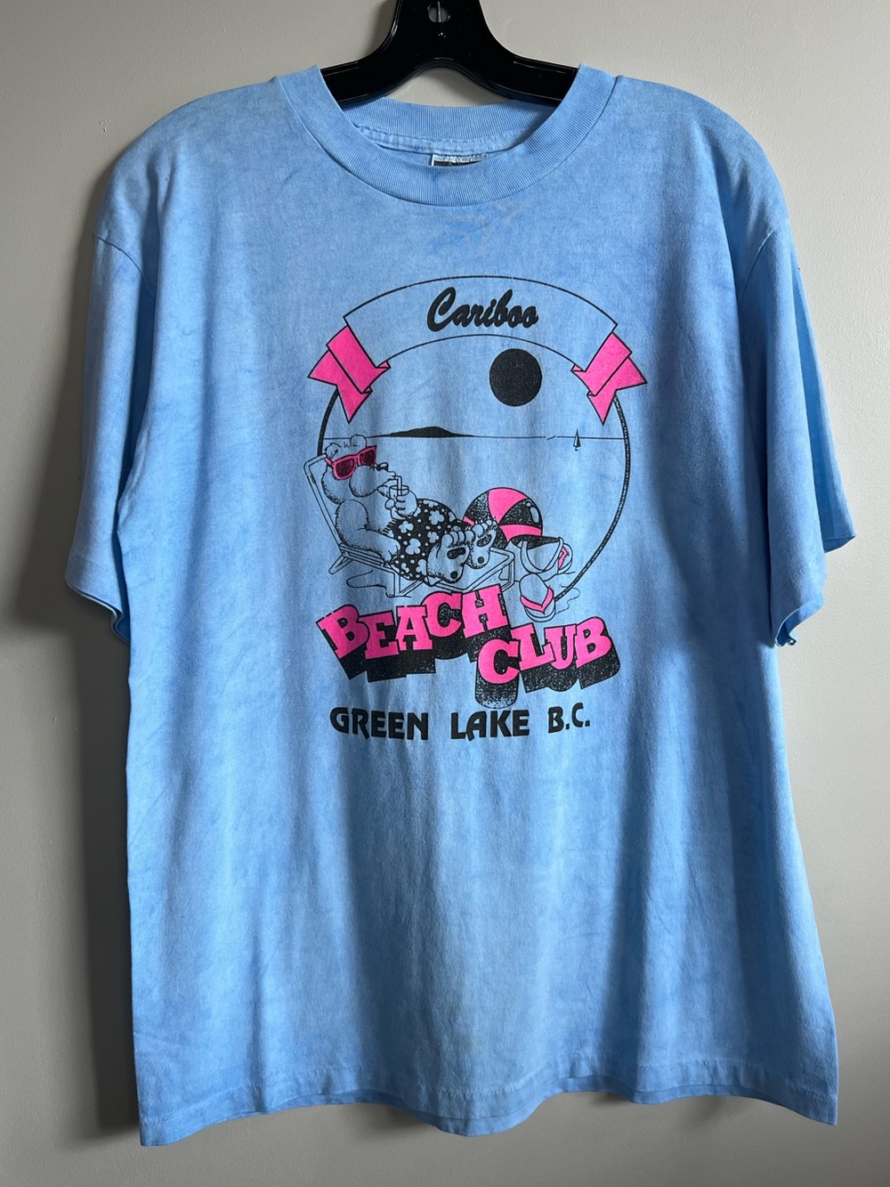 Vintage Cariboo Beach Club Green Lake BC Graphic T Shirt Blue Men’s Large Retro
